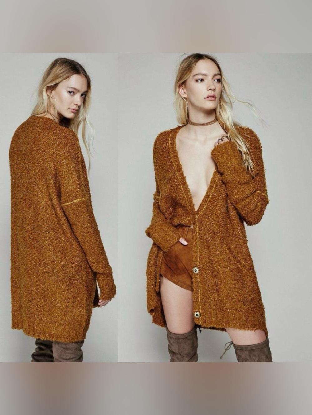 Free‎ People Rust Gold Boucle Alpaca Blend Oversized Cardigan S